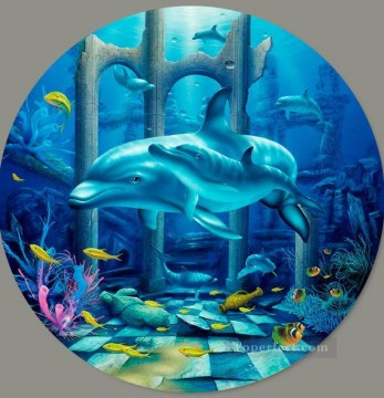 動物 Painting - 海中の神秘的なイルカ